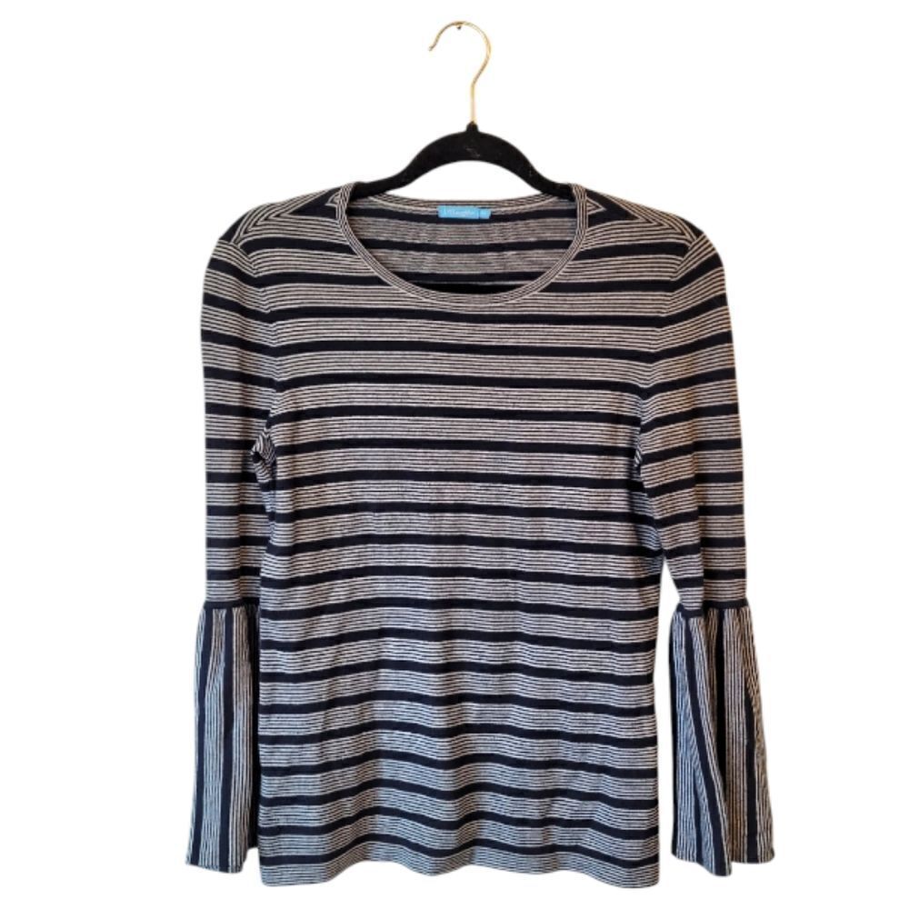 J. McLaughlin Navy Blue and White Striped Bell Sleeve Blouse